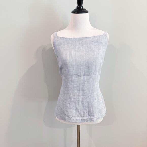 Vintage 90s Square Neck Tank Top Size 40 Large Blue 100% Linen Back Button Close - Picture 16 of 16